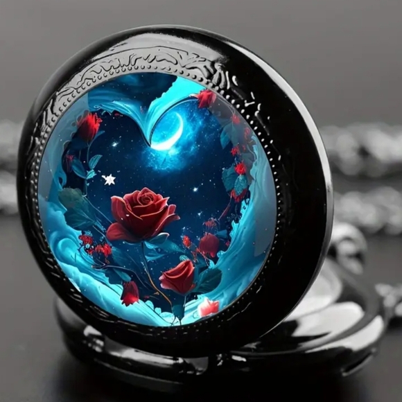 NEW 2/$40 Colorful Black Pocket Watch Necklace Blue and Red Heart Design-(#0245) - Picture 3 of 5